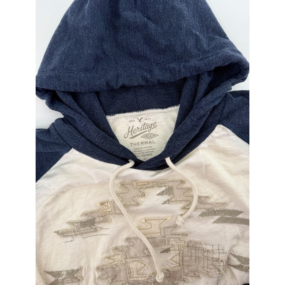 American Eagle Heritage Sweatshirt Men's Off White/Navy Thermal Hoodie Sz‎ M
